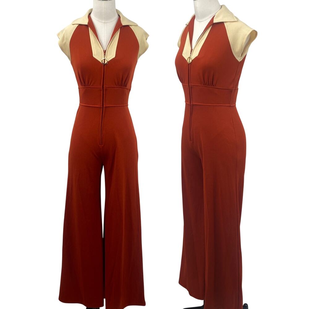 Vintage 70s Jumpsuit Zipper Front Flare Leg Bell Bottom Burnt Orange Cream Small